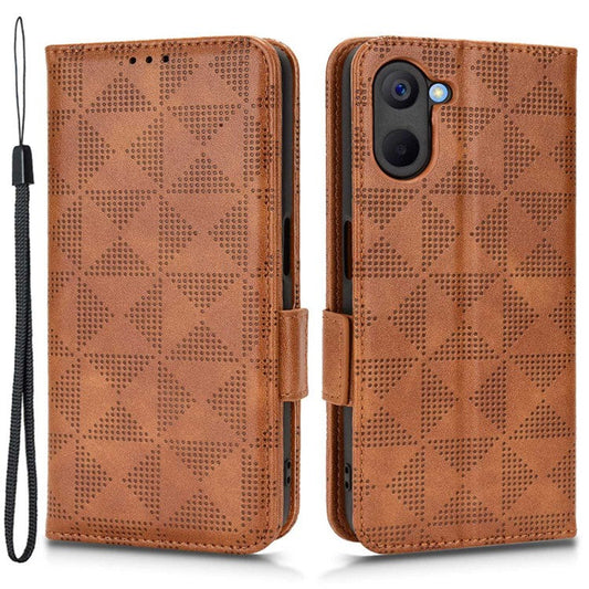 Phone Case for Realme V20 5G, Triangle Pattern Imprinted Flip Wallet Stand PU Leather Cover with Strap - Brown