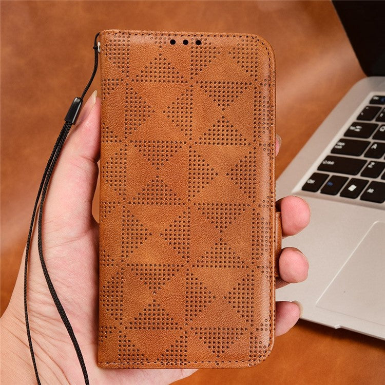 Phone Case for Realme V20 5G, Triangle Pattern Imprinted Flip Wallet Stand PU Leather Cover with Strap - Brown