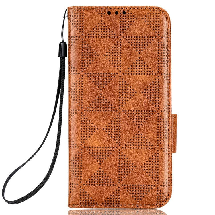 Phone Case for Realme V20 5G, Triangle Pattern Imprinted Flip Wallet Stand PU Leather Cover with Strap - Brown