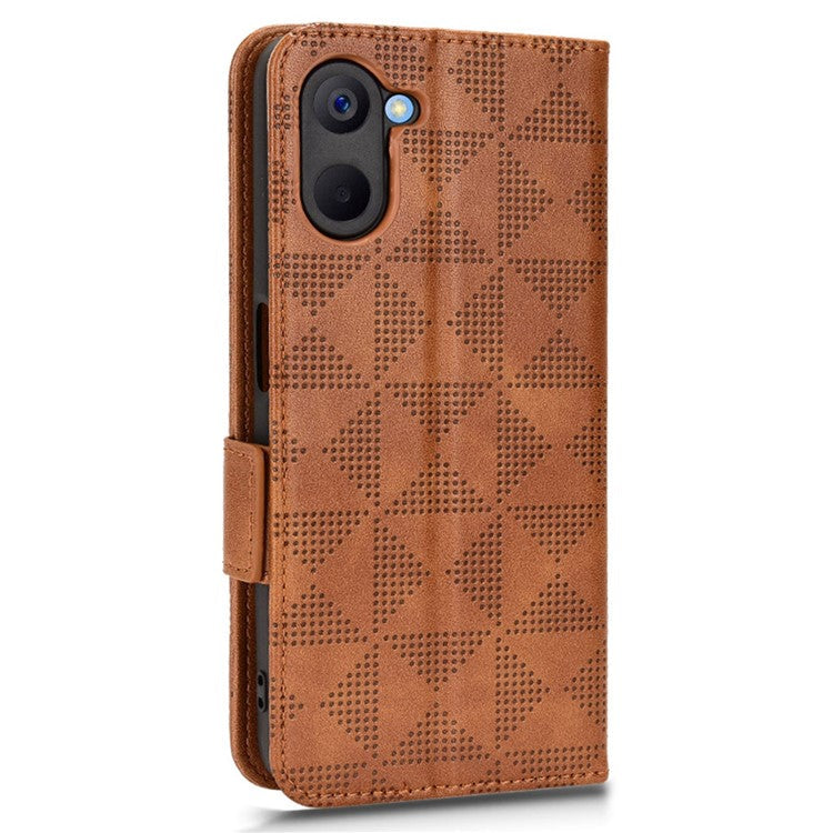Phone Case for Realme V20 5G, Triangle Pattern Imprinted Flip Wallet Stand PU Leather Cover with Strap - Brown