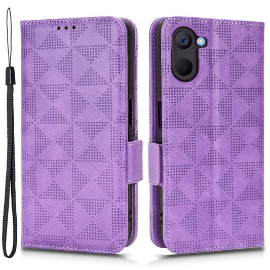 Phone Case for Realme V20 5G, Triangle Pattern Imprinted Flip Wallet Stand PU Leather Cover with Strap - Purple