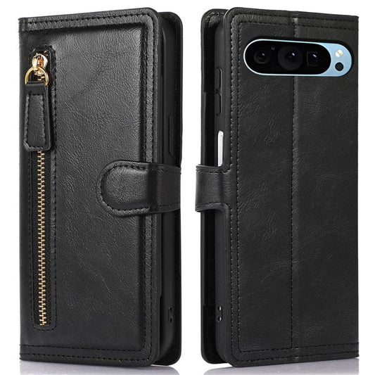For Google Pixel 9 / 9 Pro Case Zipper Flip Leather Phone Cover with Card Holder - Black