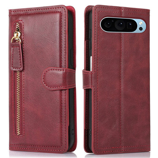 For Google Pixel 9 / 9 Pro Case Zipper Flip Leather Phone Cover with Card Holder - Red