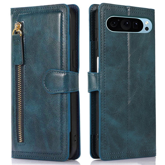 For Google Pixel 9 / 9 Pro Case Zipper Flip Leather Phone Cover with Card Holder - Blue