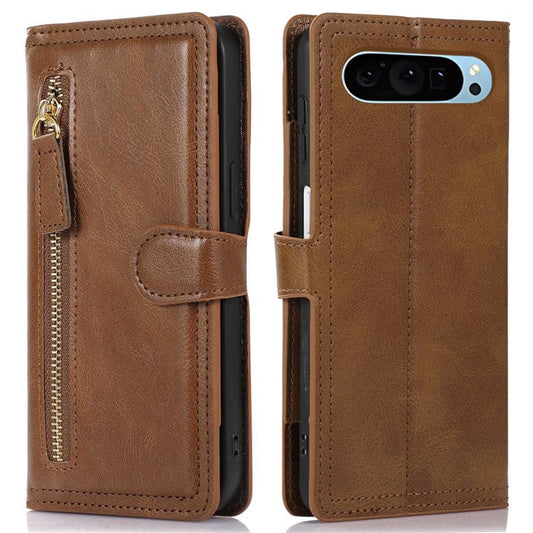For Google Pixel 9 / 9 Pro Case Zipper Flip Leather Phone Cover with Card Holder - Brown