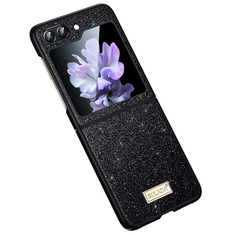 SULADA For Samsung Galaxy Z Flip6 5G Case Glitter Sequins Leather Coated PC + TPU Cover - Black