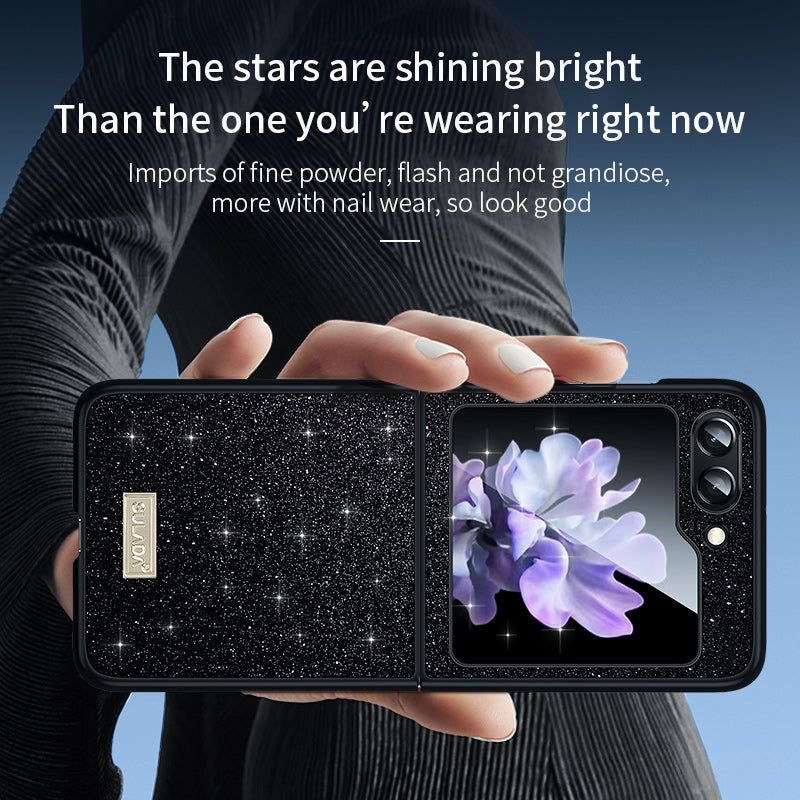 SULADA For Samsung Galaxy Z Flip6 5G Case Glitter Sequins Leather Coated PC + TPU Cover - Black