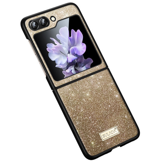 SULADA For Samsung Galaxy Z Flip6 5G Case Glitter Sequins Leather Coated PC + TPU Cover - Gold