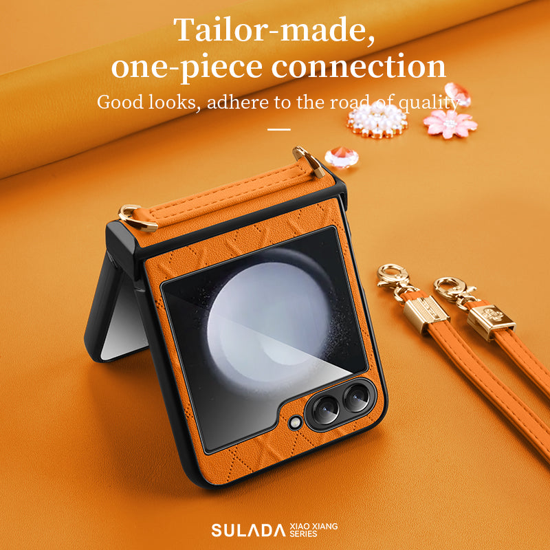 SULADA For Samsung Galaxy Z Flip6 5G Case Rhombus Leather+PC Phone Cover with Shoulder Strap - Orange