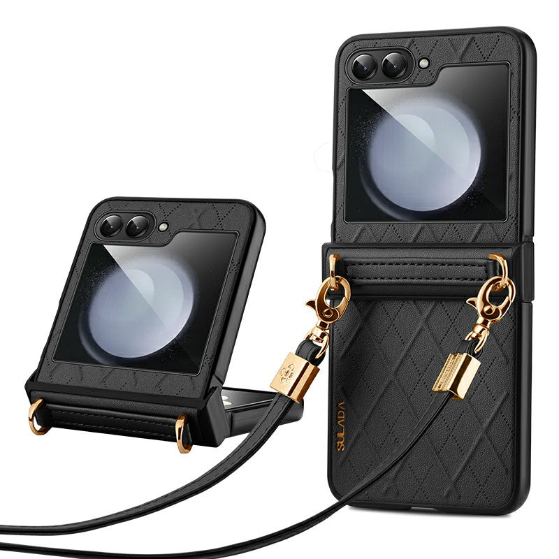 SULADA For Samsung Galaxy Z Flip6 5G Case Rhombus Leather+PC Phone Cover with Shoulder Strap - Black