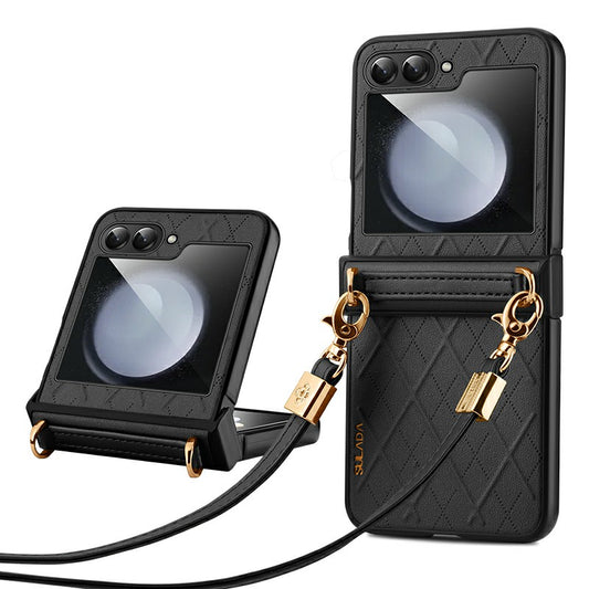 SULADA For Samsung Galaxy Z Flip6 5G Case Rhombus Leather+PC Phone Cover with Shoulder Strap - Black