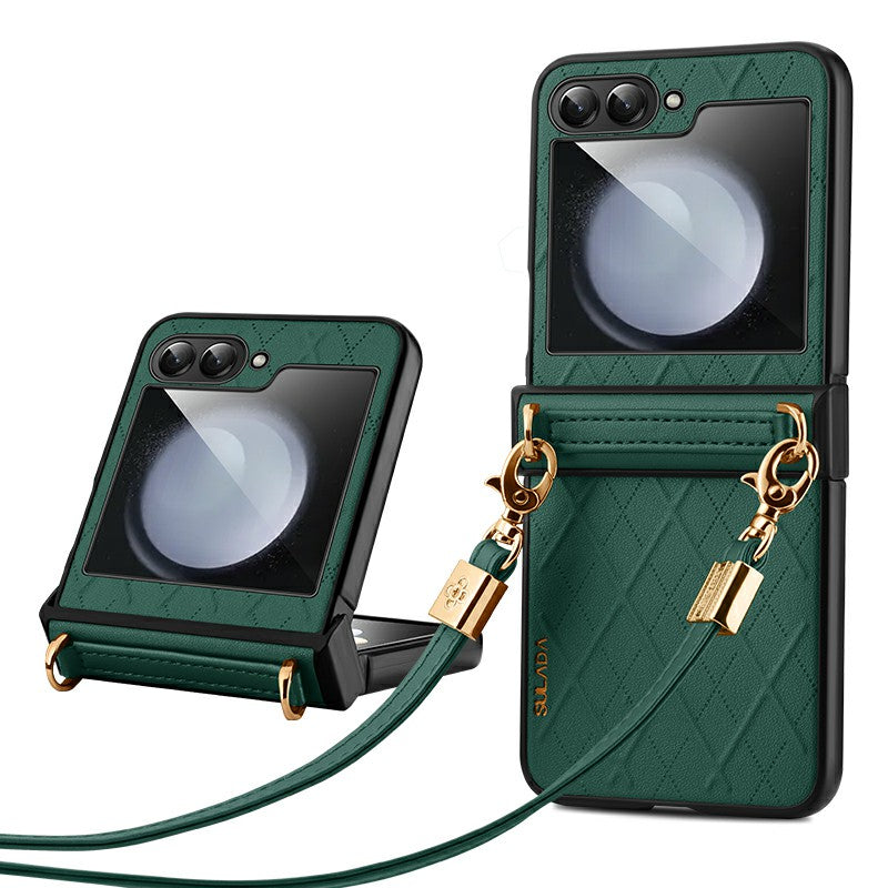 SULADA For Samsung Galaxy Z Flip6 5G Case Rhombus Leather+PC Phone Cover with Shoulder Strap - Green