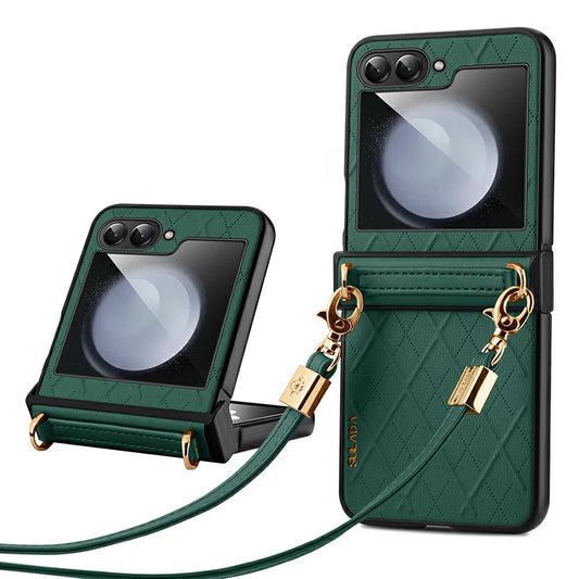 SULADA For Samsung Galaxy Z Flip6 5G Case Rhombus Leather+PC Phone Cover with Shoulder Strap - Green
