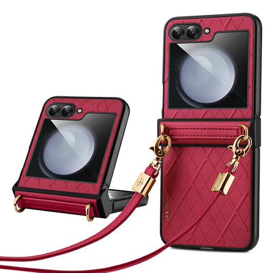 SULADA For Samsung Galaxy Z Flip6 5G Case Rhombus Leather+PC Phone Cover with Shoulder Strap - Red
