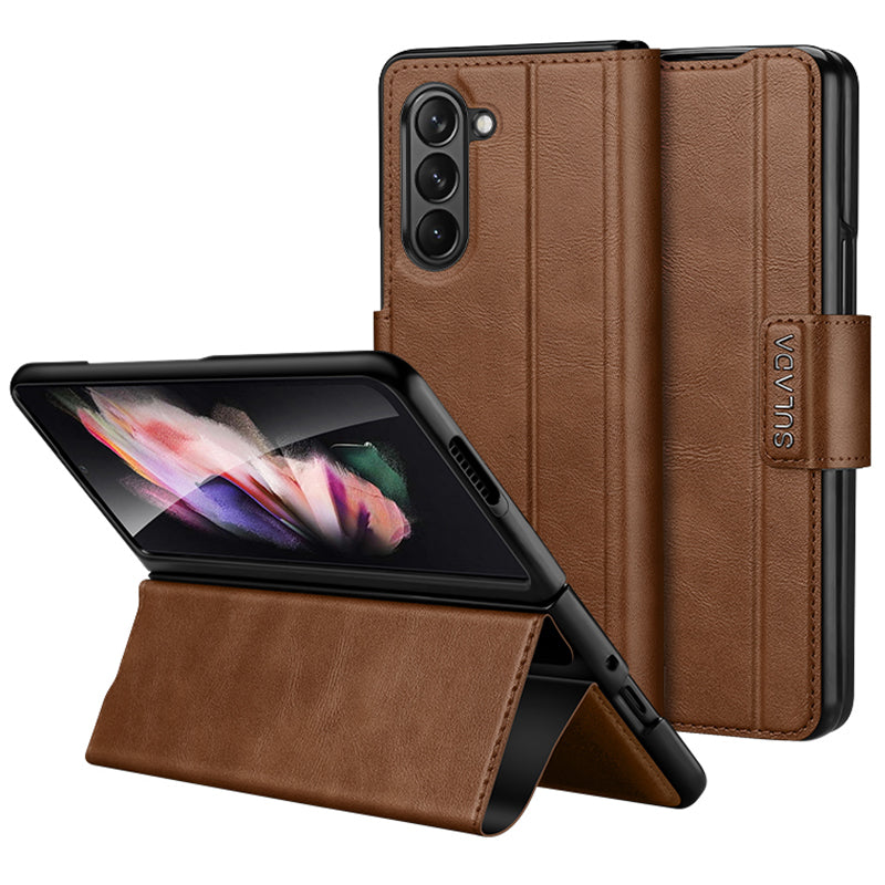 SULADA For Samsung Galaxy Z Fold6 5G Case PU Leather+PC Anti-Drop Stand Phone Case - Light Brown