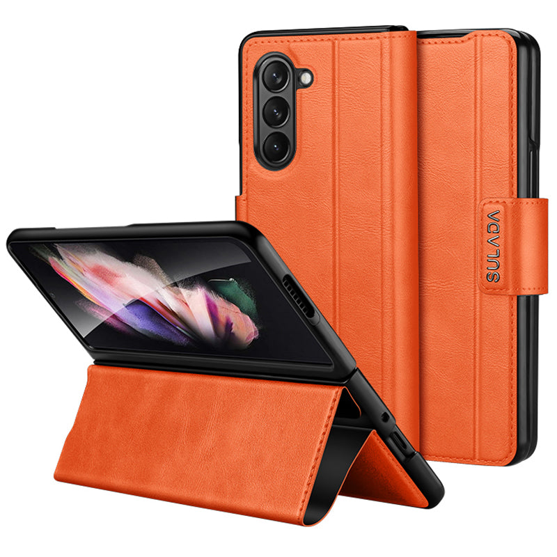 SULADA For Samsung Galaxy Z Fold6 5G Case PU Leather+PC Anti-Drop Stand Phone Case - Orange