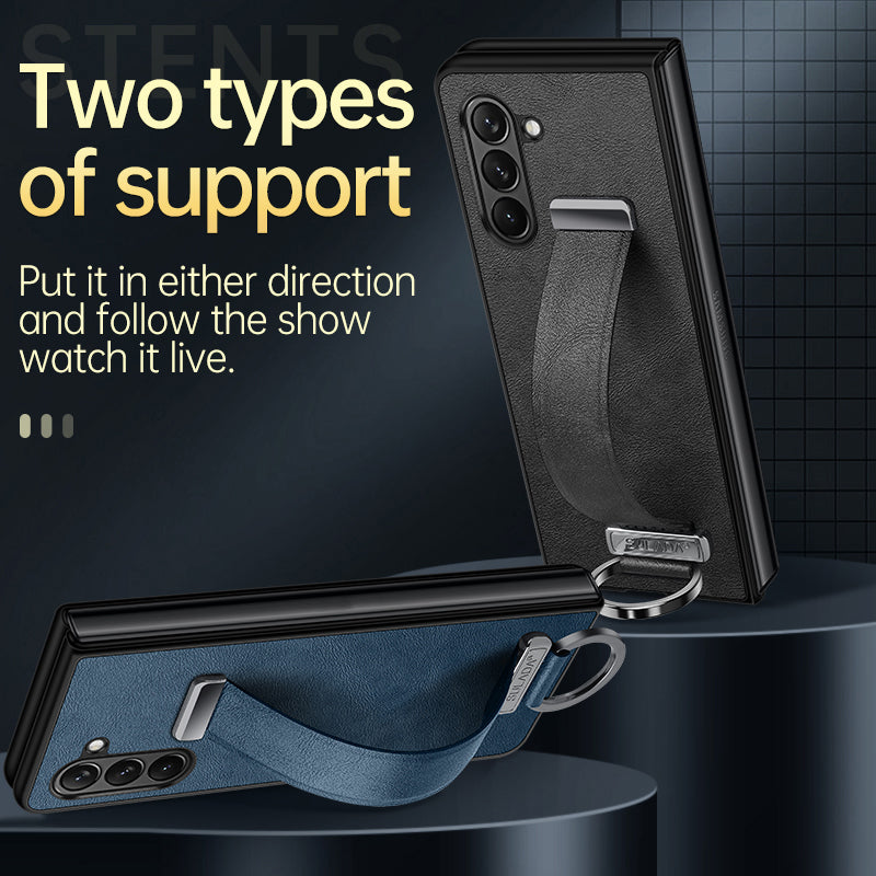 SULADA Fashion Series for Samsung Galaxy Z Fold6 5G Case Strap Kickstand Leather+PC Phone Cover - Blue