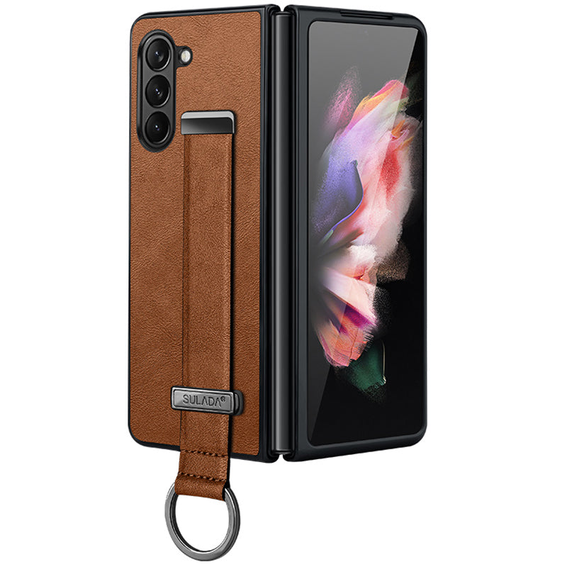 SULADA Fashion Series for Samsung Galaxy Z Fold6 5G Case Strap Kickstand Leather+PC Phone Cover - Brown