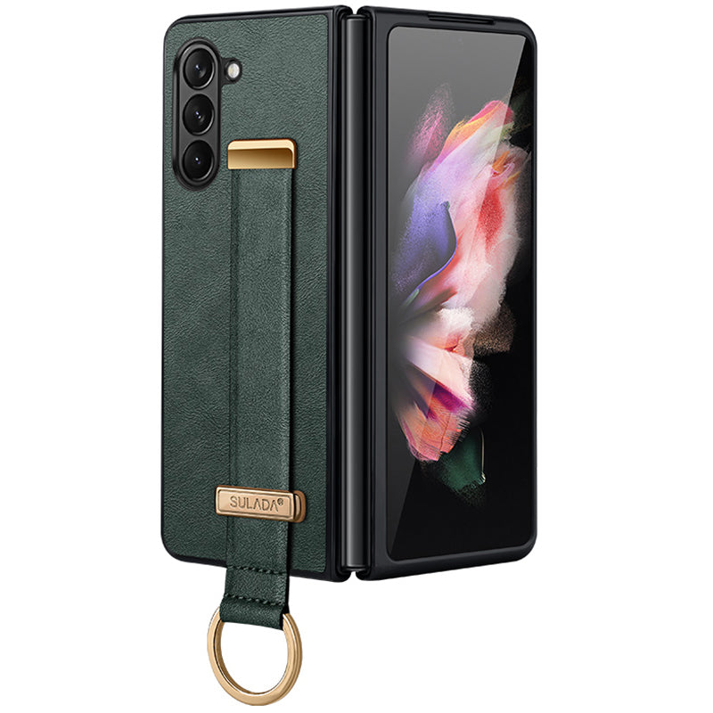 SULADA Fashion Series for Samsung Galaxy Z Fold6 5G Case Strap Kickstand Leather+PC Phone Cover - Green