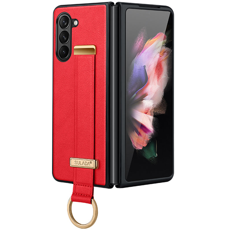 SULADA Fashion Series for Samsung Galaxy Z Fold6 5G Case Strap Kickstand Leather+PC Phone Cover - Red