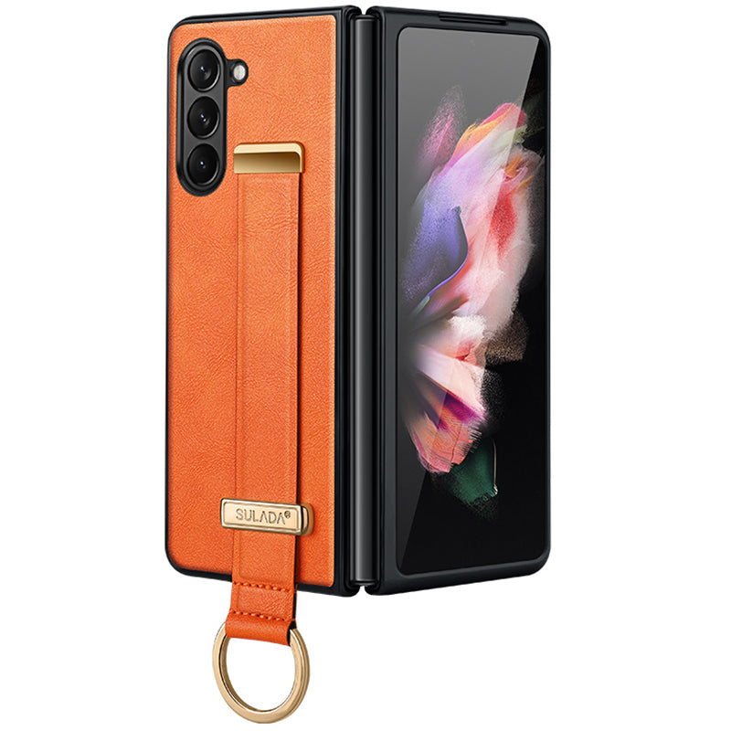 SULADA Fashion Series for Samsung Galaxy Z Fold6 5G Case Strap Kickstand Leather+PC Phone Cover - Orange
