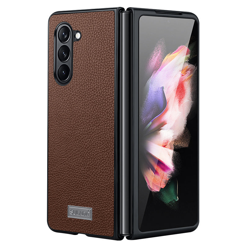 SULADA For Samsung Galaxy Z Fold6 5G Case Litchi Texture Leather+PC+TPU Phone Cover - Coffee