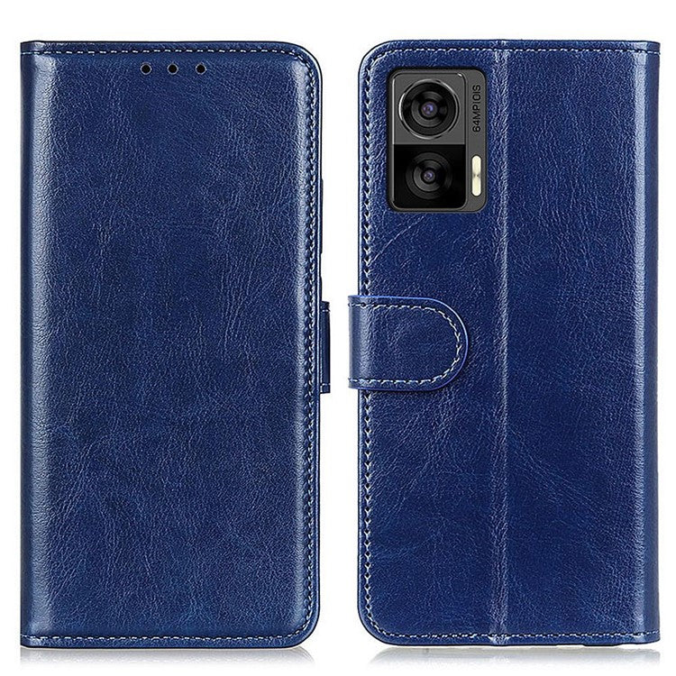 For Motorola Edge 30 Neo 5G Drop-proof Crazy Horse Texture Phone Case Anti-shock PU Leather Wallet Cover with Stand - Blue