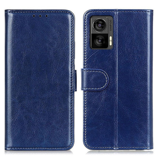 For Motorola Edge 30 Neo 5G Drop-proof Crazy Horse Texture Phone Case Anti-shock PU Leather Wallet Cover with Stand - Blue