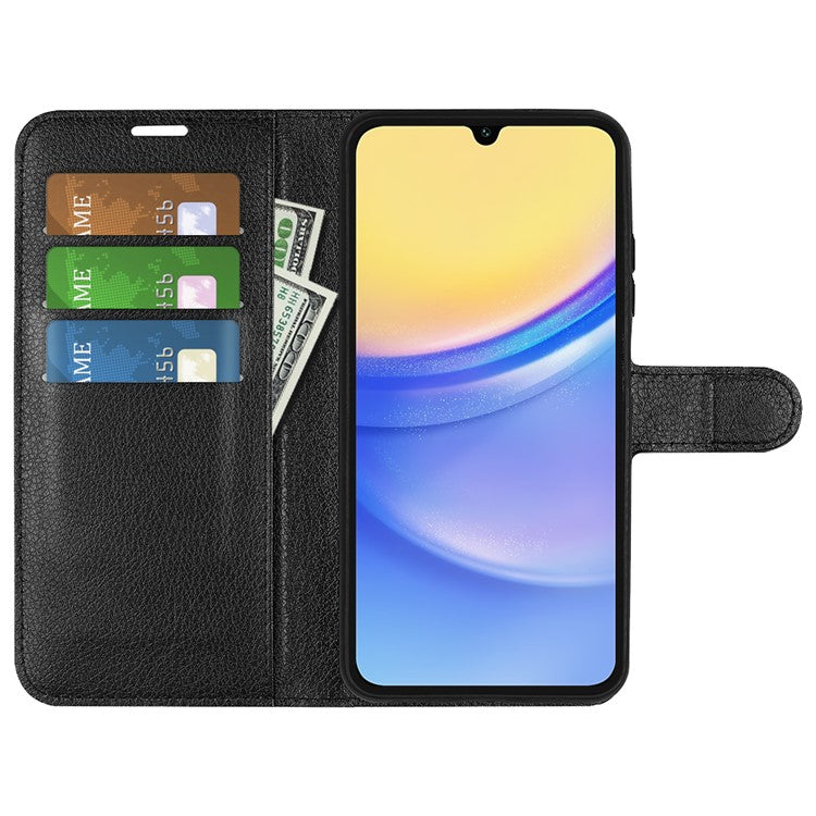 For Samsung Galaxy M15 5G Case Litchi Texture Leather Phone Cover Card Slot Magnetic Clasp - Black