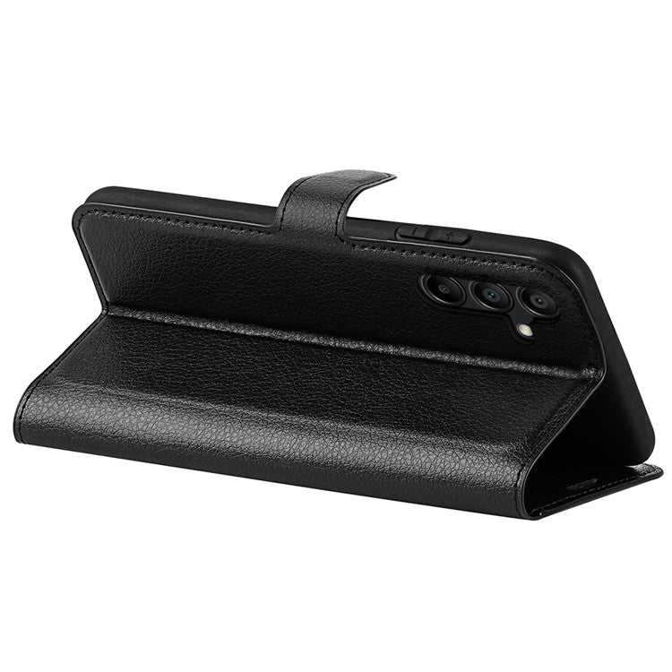For Samsung Galaxy M15 5G Case Litchi Texture Leather Phone Cover Card Slot Magnetic Clasp - Black