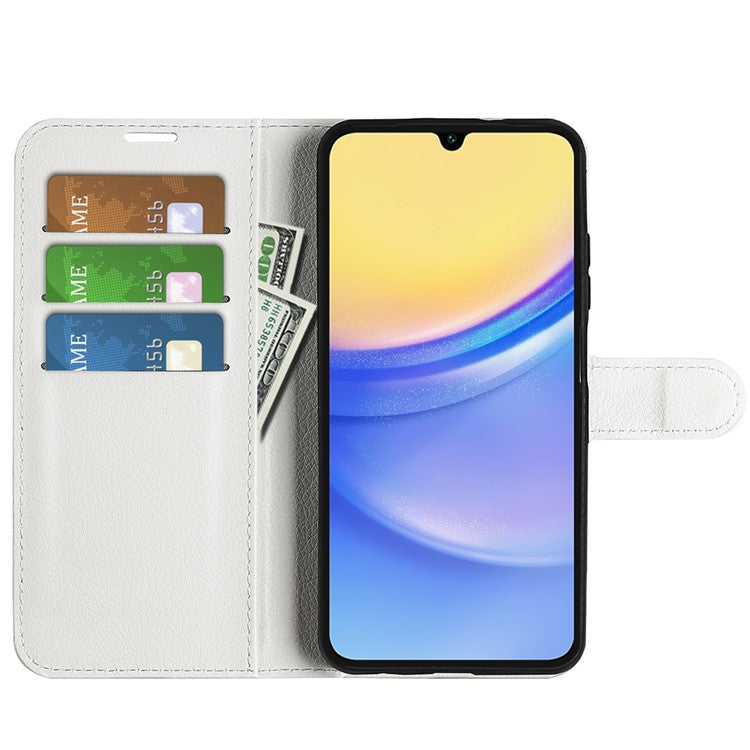 For Samsung Galaxy M15 5G Case Litchi Texture Leather Phone Cover Card Slot Magnetic Clasp - White