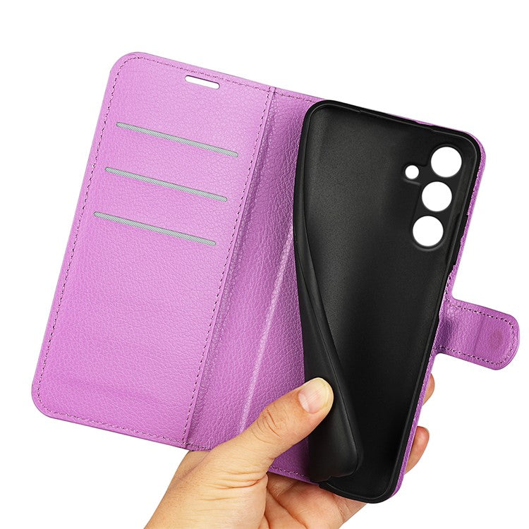 For Samsung Galaxy M15 5G Case Litchi Texture Leather Phone Cover Card Slot Magnetic Clasp - Purple
