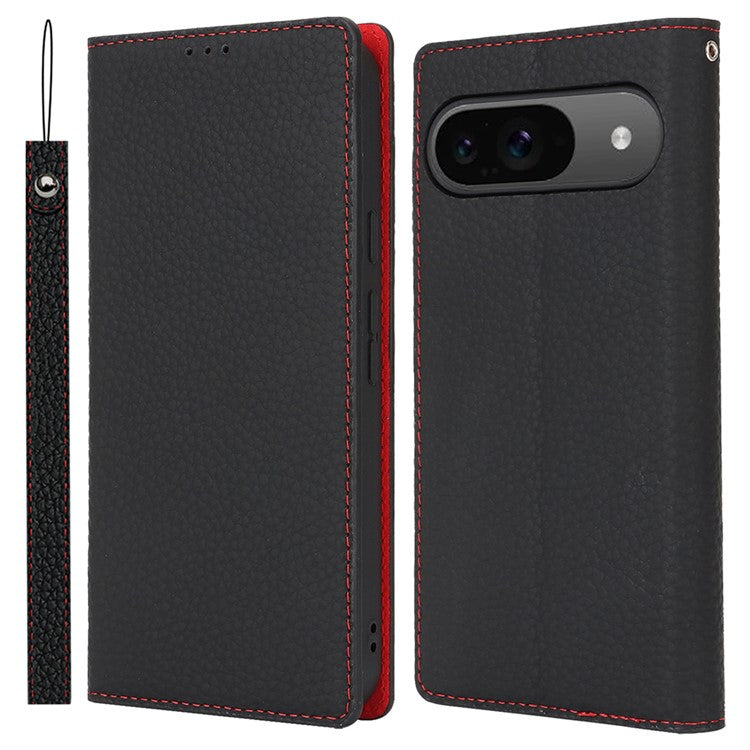 For Google Pixel 9 / 9 Pro Case with Hand Strap Genuine Cow Leather Phone Cover - Black