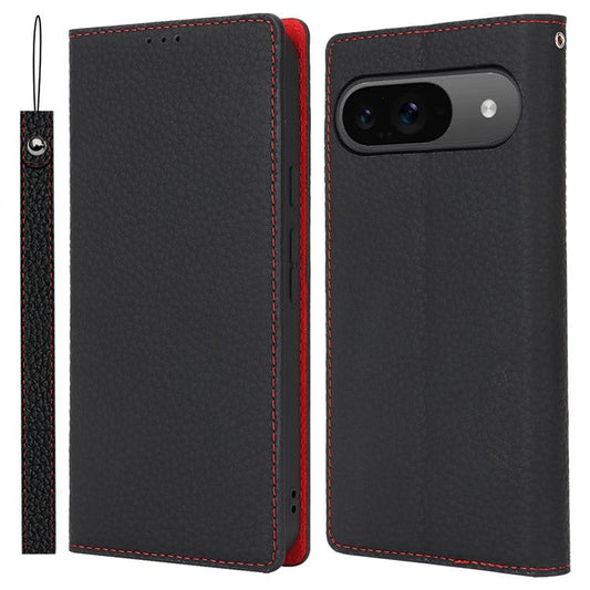 For Google Pixel 9 / 9 Pro Case with Hand Strap Genuine Cow Leather Phone Cover - Black