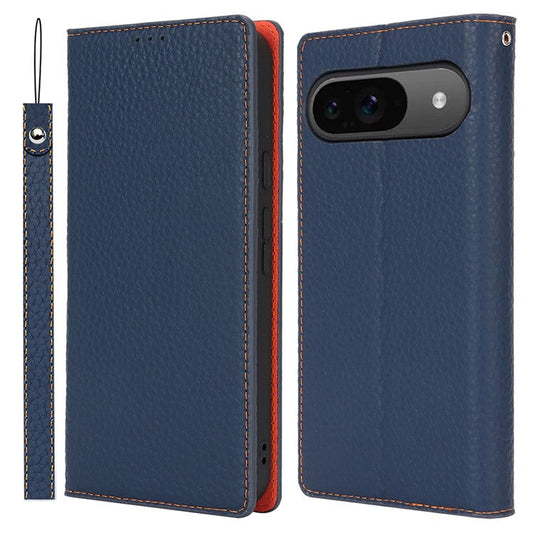 For Google Pixel 9 / 9 Pro Case with Hand Strap Genuine Cow Leather Phone Cover - Dark Blue