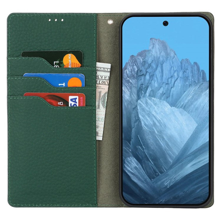 For Google Pixel 9 / 9 Pro Case with Hand Strap Genuine Cow Leather Phone Cover - Green