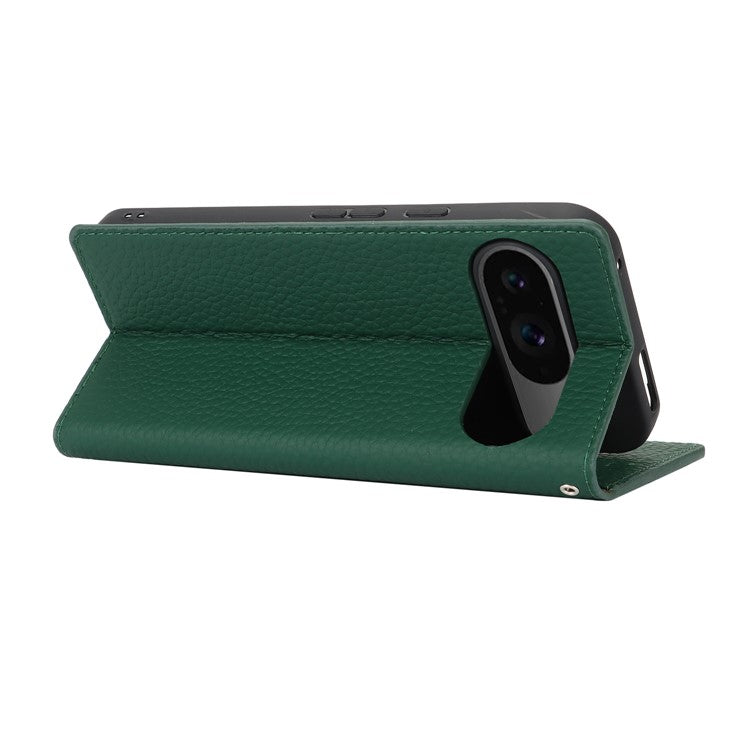For Google Pixel 9 / 9 Pro Case with Hand Strap Genuine Cow Leather Phone Cover - Green