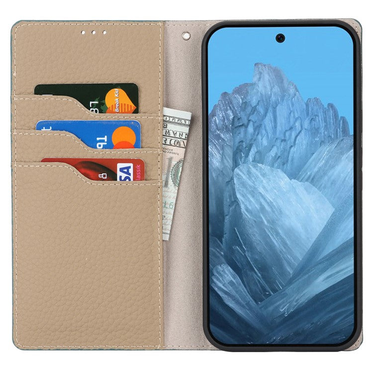 For Google Pixel 9 / 9 Pro Case with Hand Strap Genuine Cow Leather Phone Cover - Baby Blue