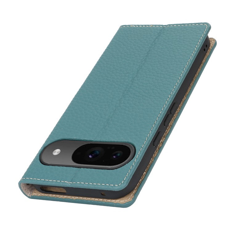 For Google Pixel 9 / 9 Pro Case with Hand Strap Genuine Cow Leather Phone Cover - Baby Blue