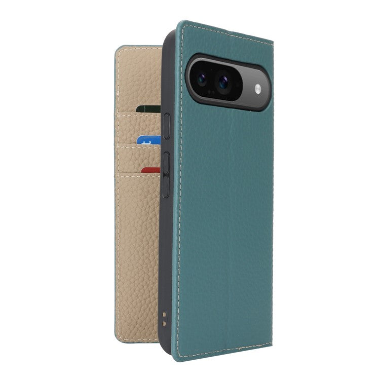 For Google Pixel 9 / 9 Pro Case with Hand Strap Genuine Cow Leather Phone Cover - Baby Blue