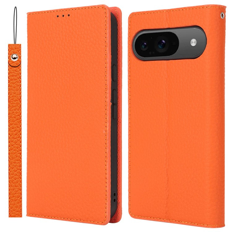 For Google Pixel 9 / 9 Pro Case with Hand Strap Genuine Cow Leather Phone Cover - Orange