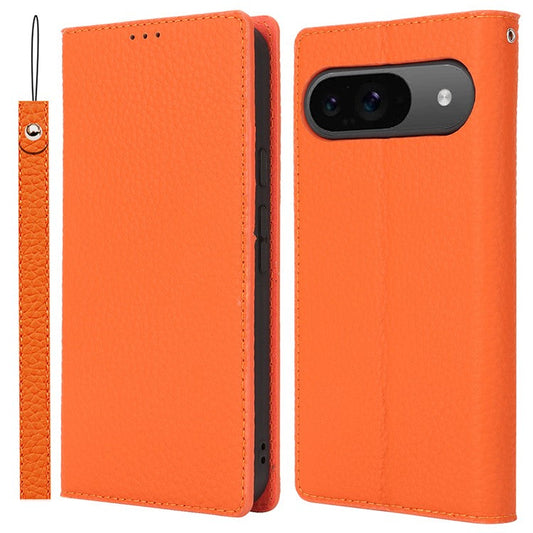 For Google Pixel 9 / 9 Pro Case with Hand Strap Genuine Cow Leather Phone Cover - Orange