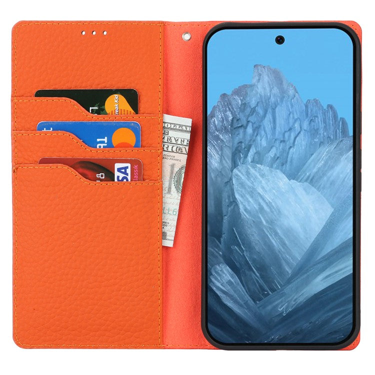 For Google Pixel 9 / 9 Pro Case with Hand Strap Genuine Cow Leather Phone Cover - Orange