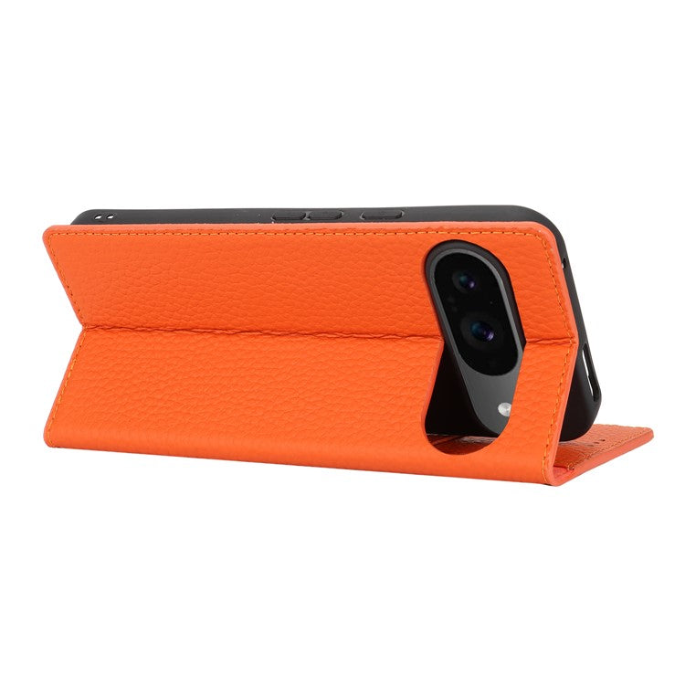 For Google Pixel 9 / 9 Pro Case with Hand Strap Genuine Cow Leather Phone Cover - Orange