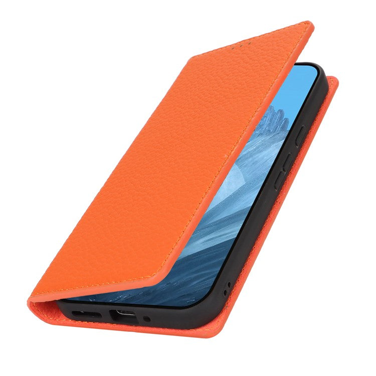 For Google Pixel 9 / 9 Pro Case with Hand Strap Genuine Cow Leather Phone Cover - Orange