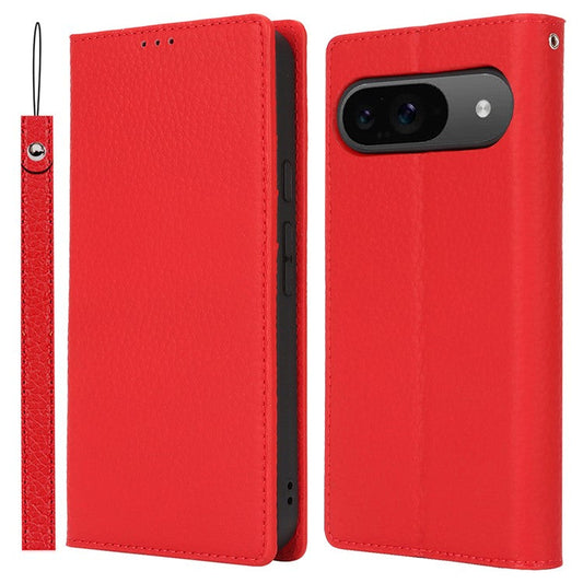 For Google Pixel 9 / 9 Pro Case with Hand Strap Genuine Cow Leather Phone Cover - Red