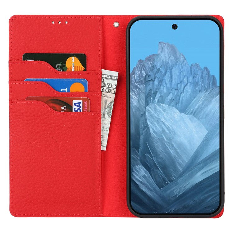 For Google Pixel 9 / 9 Pro Case with Hand Strap Genuine Cow Leather Phone Cover - Red