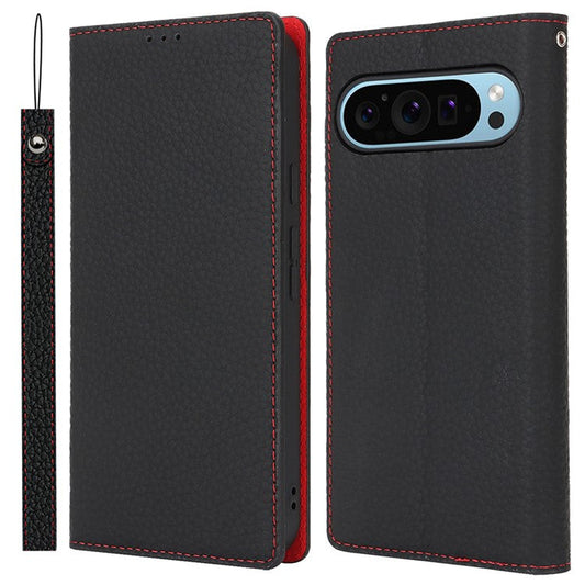 For Google Pixel 9 Pro XL Case Litchi Texture Genuine Cow Leather Phone Cover - Black