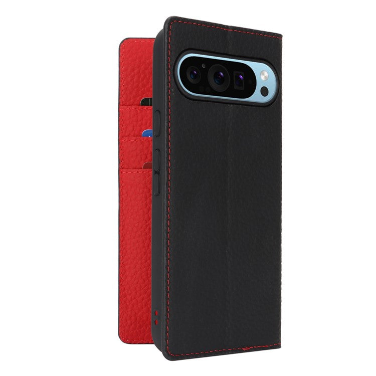 For Google Pixel 9 Pro XL Case Litchi Texture Genuine Cow Leather Phone Cover - Black