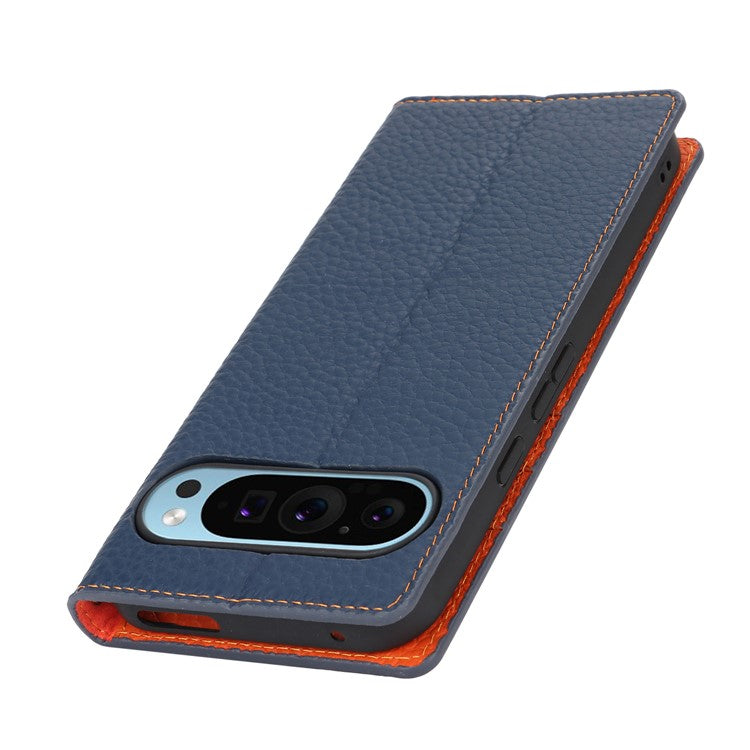 For Google Pixel 9 Pro XL Case Litchi Texture Genuine Cow Leather Phone Cover - Dark Blue